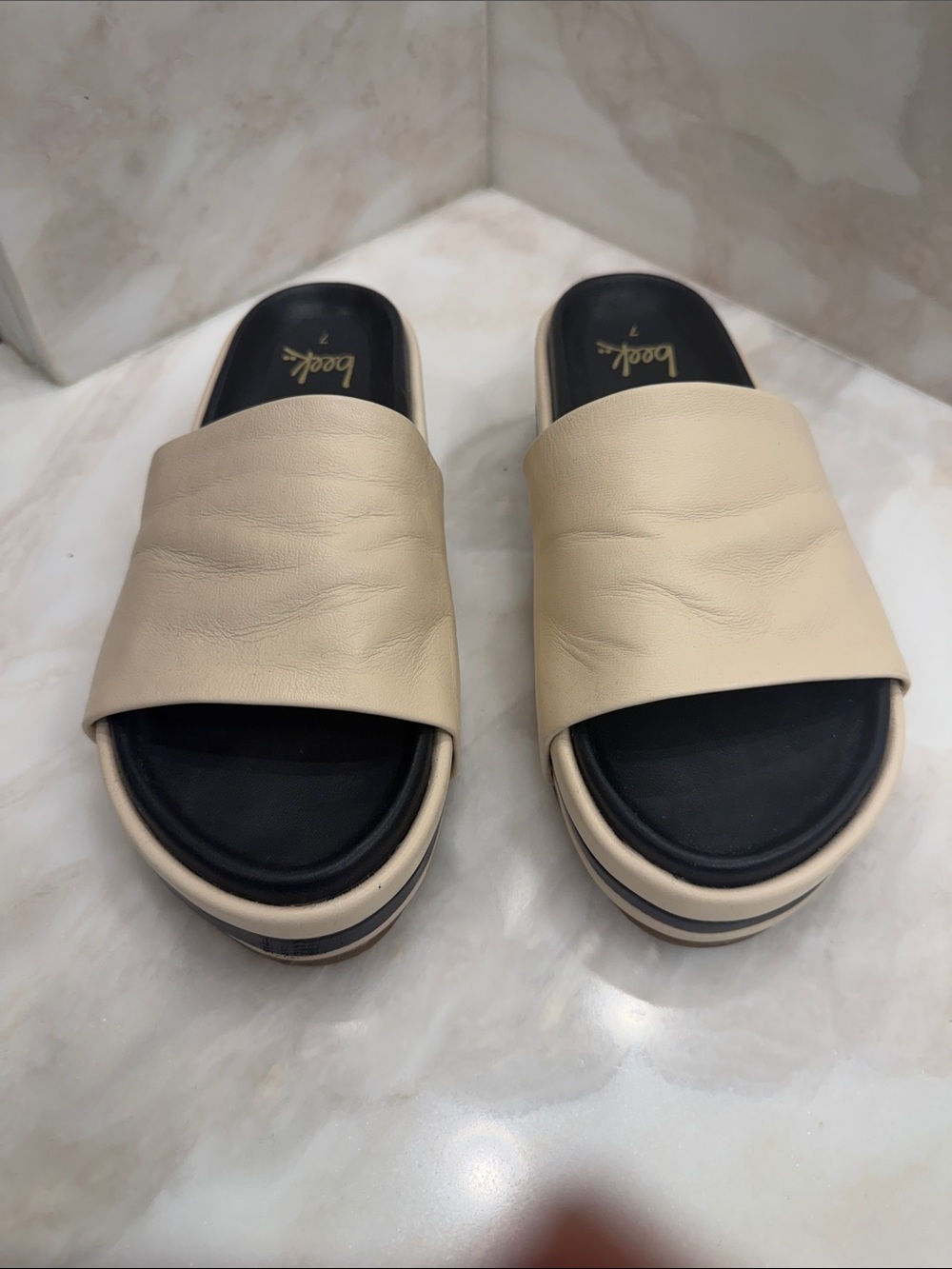 beek Cream Slide Mules with Black Footbed
